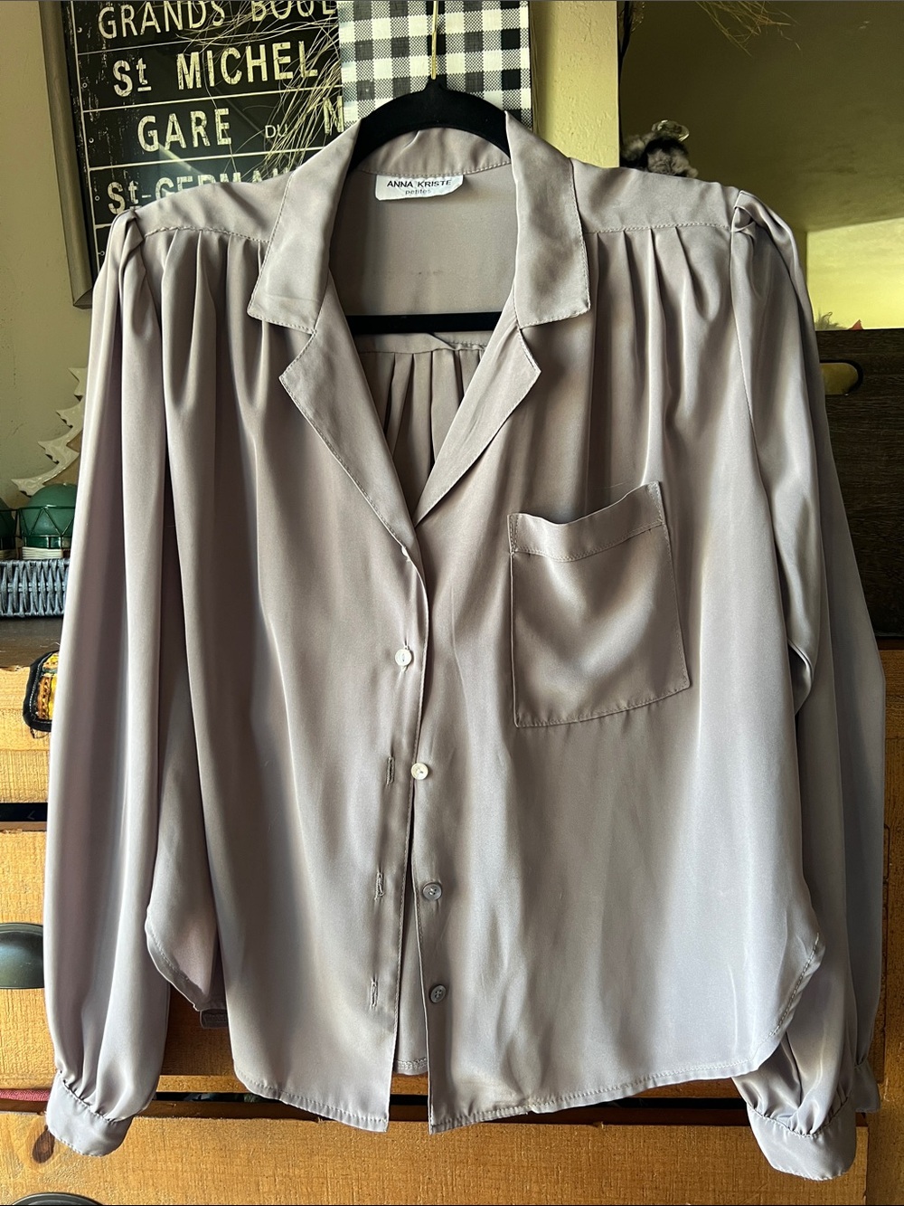 Taupe Button-Front Blouse with Pocket